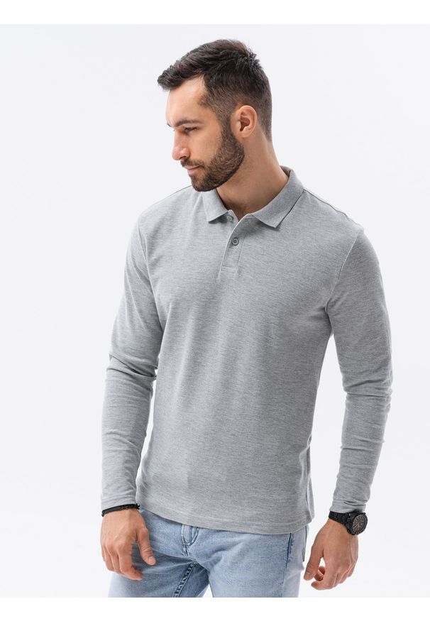 Ombre Clothing - Longsleeve męski bez nadruku L132 - szary melanż - XXL. Typ kołnierza: polo. Kolor: szary. Materiał: bawełna, jeans, materiał. Długość rękawa: długi rękaw. Wzór: melanż