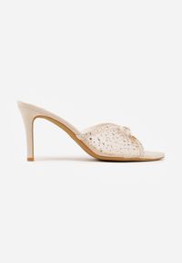 Born2be - Beżowe Klapki VICES na Szpilce z Siateczkową Cholewką Kokardą i Cyrkoniami Coratea. Okazja: na wesele, na ślub cywilny. Kolor: beżowy. Wzór: aplikacja. Obcas: na szpilce. Styl: wizytowy, elegancki #8