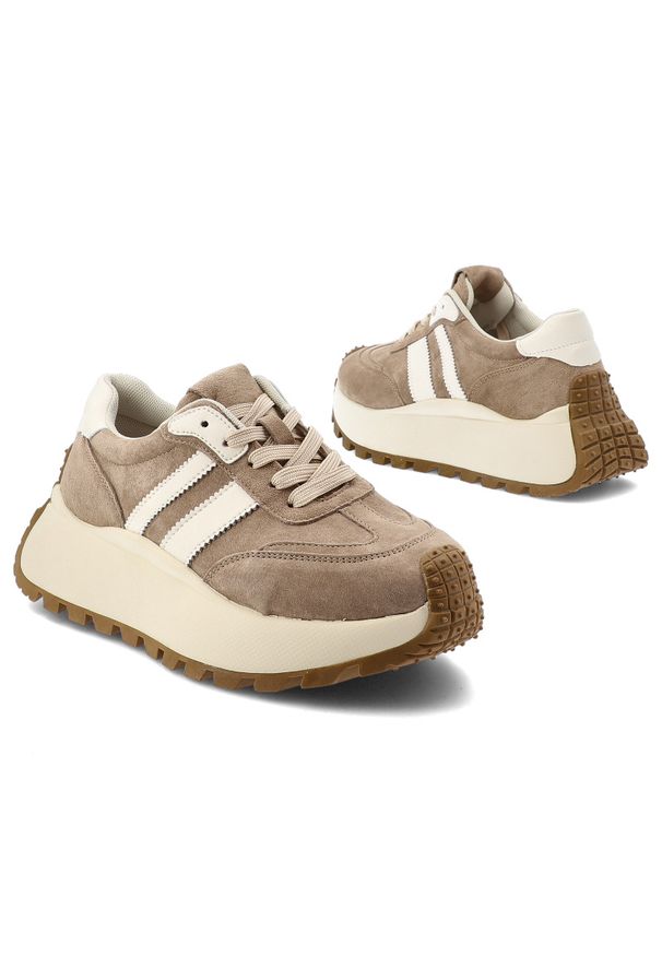 Sneakersy damskie S.Barski, cholewka skóra naturalna zamszowa kontrastowe panele wiązanie klasyczne fason niski zaokrąglony nosek masywna wizualnie p. Okazja: na co dzień. Zapięcie: sznurówki. Kolor: beżowy. Materiał: zamsz, skóra. Szerokość cholewki: normalna. Wzór: aplikacja. Styl: klasyczny