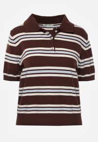 Renee - Brązowy T-shirt Polo z Wiskozą w Paski z Guzikami Vevevia. Okazja: na co dzień. Typ kołnierza: polo. Kolor: brązowy. Materiał: wiskoza. Wzór: paski. Styl: casual, sportowy #4