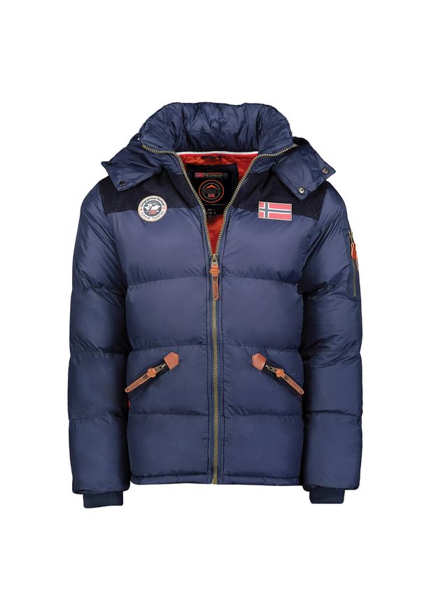 Kurtka puchowa z kapturem Geographical Norway Celian. Typ kołnierza: kaptur. Kolor: niebieski. Materiał: puch. Sport: turystyka piesza