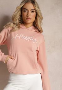 Renee - Różowa Bluza z Ozdobnym Napisem i Kapturem Arseia. Okazja: na co dzień. Typ kołnierza: kaptur. Kolor: różowy. Materiał: jeans. Wzór: napisy. Styl: casual #4
