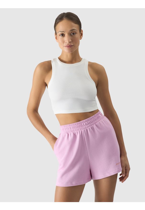 4f - 4F Crop top slim damski - beżowy L. Kolor: beżowy. Materiał: dzianina, materiał, bawełna, elastan, prążkowany. Długość rękawa: na ramiączkach. Wzór: jednolity, prążki. Sezon: lato