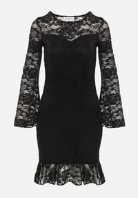 Renee - Czarna Sukienka z Koronki z Wiskozą z Falbanami u Dołu i przy Rękawach Neapia. Okazja: na randkę, na wesele, na ślub cywilny. Kolor: czarny. Materiał: wiskoza, koronka. Wzór: koronka #3
