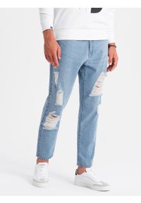 Ombre Clothing - Męskie spodnie jeansowe TAPERED FIT z dziurami – jasnoniebieskie V1 - Rozmiar: L. Kolor: niebieski. Materiał: jeans. Wzór: aplikacja. Styl: retro, elegancki, vintage