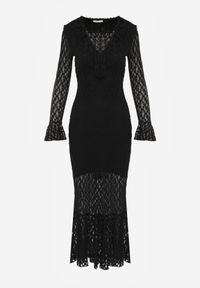 Born2be - Czarna Koktajlowa Sukienka Koronkowa z Dekoltem V i Falbanami Frevina. Okazja: na komunię, na wesele, na ślub cywilny. Typ kołnierza: dekolt w kształcie V. Kolor: czarny. Materiał: koronka. Wzór: koronka. Styl: wizytowy #8