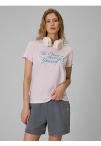 4f - 4F T-shirt regular z nadrukiem damski - różowy M. Okazja: na co dzień, na spacer, do pracy. Kolor: różowy. Materiał: materiał, bawełna. Wzór: nadruk. Styl: casual #1