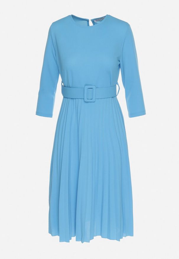 Born2be - Niebieska Sukienka Plisowana z Paskiem Gonge. Okazja: na co dzień, na imprezę. Kolor: niebieski. Typ sukienki: dopasowane, proste. Styl: casual, elegancki, klasyczny