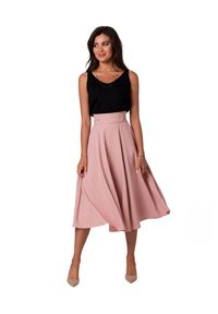 BeWear - Rozkloszowana spódnica z wysokim stanem i kieszeniami różowa. Stan: podwyższony. Kolor: różowy. Styl: elegancki #3