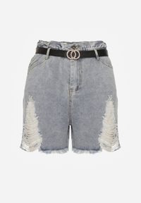 Renee - Jasnoniebieskie Bawełniane Szorty Jeansowe z Paskiem i Przetarciami High Waist Vikisona. Okazja: na co dzień. Stan: podwyższony. Kolor: niebieski. Materiał: jeans, bawełna. Styl: elegancki, casual #8