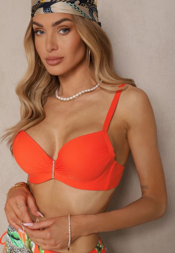 Renee - Pomarańczowe Bikini z Motywem Roślinnym Biustonosz i Majtki Figi ze Ściągaczami Sadorene. Kolor: pomarańczowy. Wzór: aplikacja