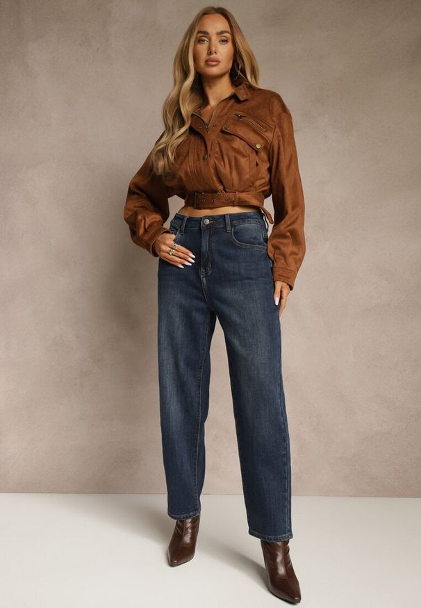 Renee - Granatowe Jeansy Mom Fit High Waist z Wiskozą Erralia. Okazja: na co dzień, na spacer. Stan: podwyższony. Kolor: niebieski. Styl: casual