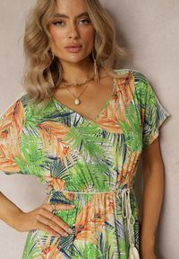 Renee - Zielono-Pomarańczowa Maxi Sukienka z Wiskozy w Kwiatowy Print ze Sznurkiem w Talii Anukka. Kolor: zielony. Materiał: wiskoza. Wzór: kwiaty, nadruk. Długość: maxi #5