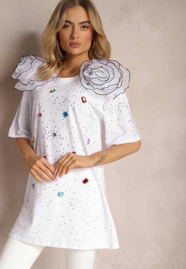 Renee - Biała Bawełniana Bluzka Prosta z Kryształkami i Cyrkoniami Leokka. Kolor: biały. Materiał: bawełna. Sezon: lato