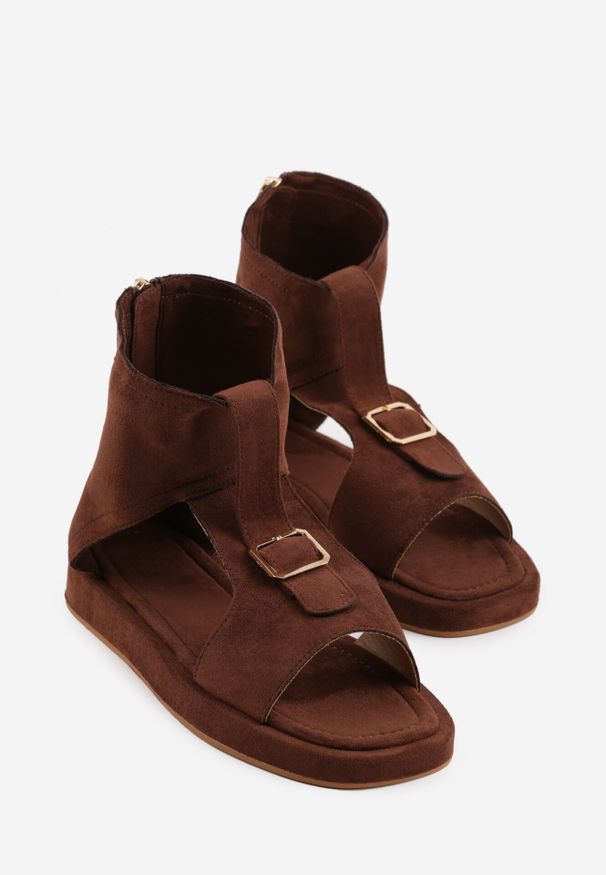 Born2be - Brązowe Sandały w Stylu Botków z Ozdobną Klamrą Theaneasi. Okazja: na co dzień. Zapięcie: klamry. Kolor: brązowy. Materiał: jeans. Styl: elegancki, klasyczny, casual