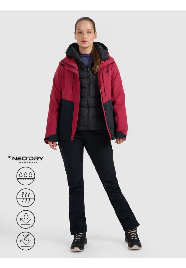 4f - 4F Kurtka trekkingowa membrana 10000 damska - czerwona XL. Kolor: czerwony. Materiał: materiał, tkanina. Długość rękawa: raglanowy rękaw. Technologia: Primaloft. Sezon: zima. Sport: wspinaczka, turystyka piesza
