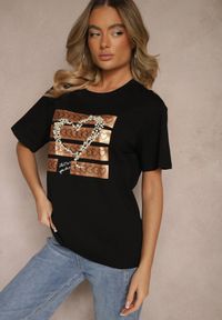 Renee - Czarny T-shirt z Bawełny Ozdobiona Cyrkoniami Sercami i Perełkami Sanilissa. Okazja: na co dzień, na spacer. Kolor: czarny. Materiał: bawełna. Wzór: aplikacja. Styl: glamour, casual #5