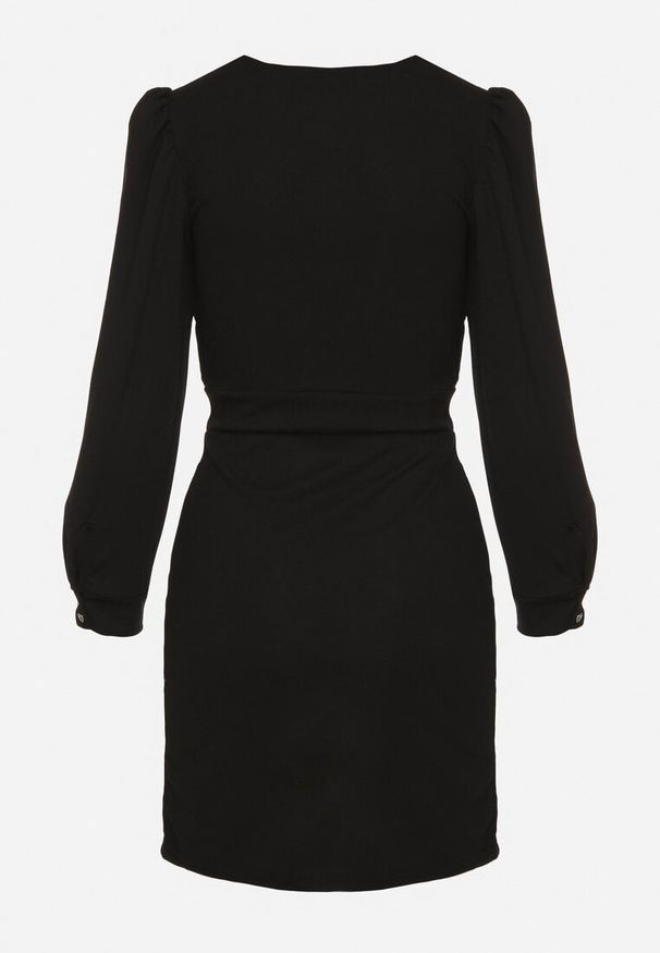 Born2be - Czarna Sukienka z Marszczeniem i Bufiastymi Rękawami Redenia. Kolor: czarny. Styl: klasyczny, elegancki