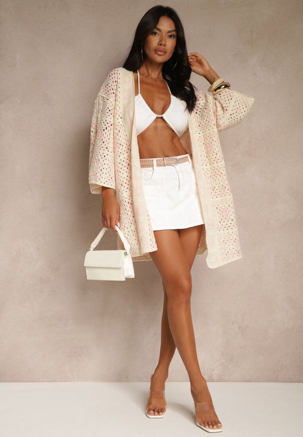 Renee - Różowo-Beżowy Ażurowy Kardigan z Bawełny Melionaia. Okazja: na co dzień. Kolor: różowy. Materiał: bawełna. Wzór: ażurowy. Styl: casual