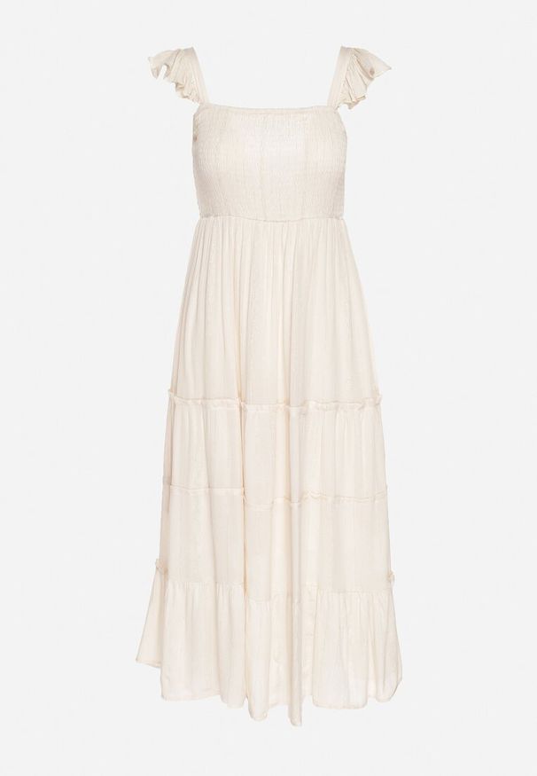 Born2be - Beżowa Wiskozowa Sukienka na Ramiączkach Zdobiona Metaliczną Nicią Iffrisse. Okazja: na co dzień. Kolor: beżowy. Materiał: wiskoza. Długość rękawa: na ramiączkach. Wzór: aplikacja. Styl: casual