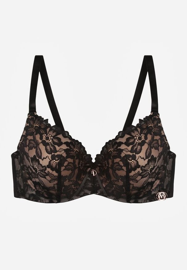 Born2be - Czarno-Beżowy Koronkowy Biustonosz z Kokardką Nealenia. Kolor: czarny. Materiał: koronka. Wzór: koronka