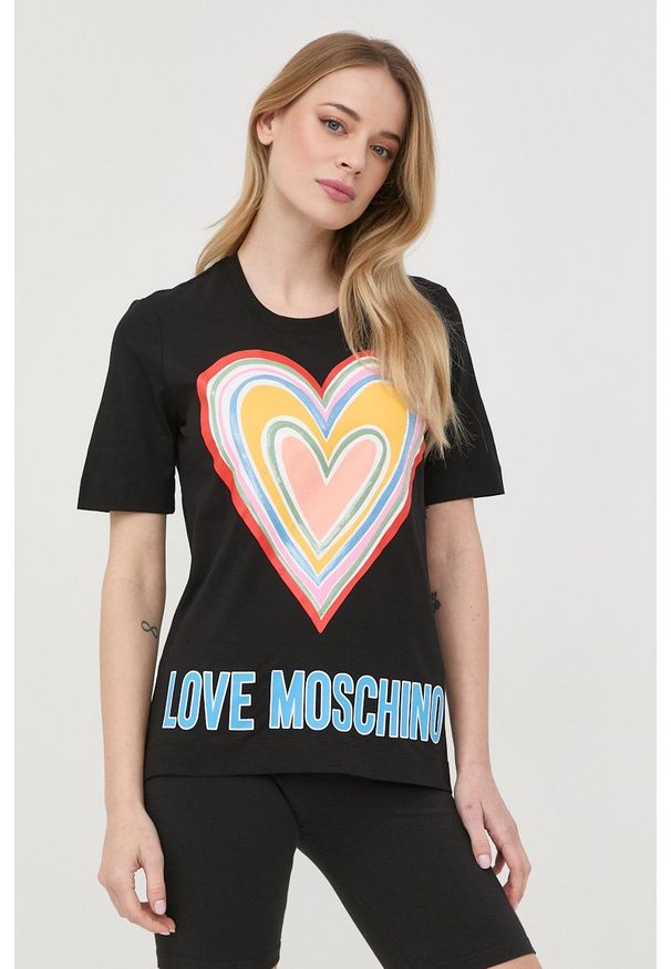 Love Moschino t-shirt bawełniany kolor czarny. Okazja: na co dzień. Kolor: czarny. Materiał: bawełna. Długość rękawa: krótki rękaw. Długość: krótkie. Styl: casual