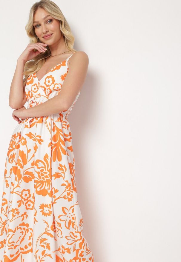 Born2be - Pomarańczowa Sukienka na Regulowanych Ramiączkach z Gumkami na Plecach Ściągana Troczkiem Harnela. Okazja: na co dzień. Kolor: pomarańczowy. Długość rękawa: na ramiączkach. Typ sukienki: proste. Styl: casual, klasyczny, elegancki