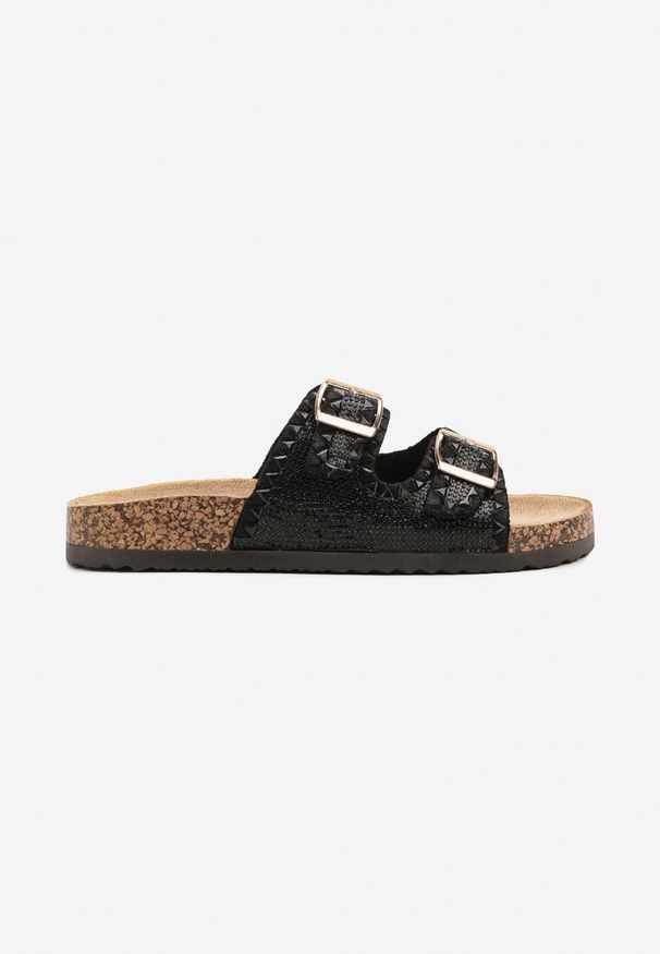 Renee - Czarne Klapki Ozdobione Cyrkoniami i Klamrami Avelwia. Okazja: na co dzień. Kolor: czarny. Materiał: jeans. Wzór: aplikacja. Sezon: lato. Styl: casual