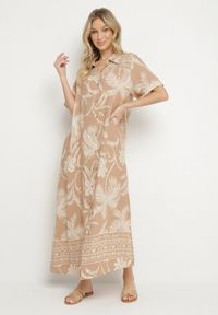 Born2be - Beżowa Koszulowa Sukienka z Wiskozy w Kwiatowy Wzór z Kieszeniami Eramira. Okazja: na co dzień. Kolor: beżowy. Materiał: wiskoza. Długość rękawa: długi rękaw. Wzór: kwiaty. Sezon: lato. Typ sukienki: koszulowe. Styl: casual, elegancki #2