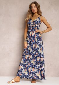 Renee - Granatowa Rozkloszowana Sukienka Maxi na Regulowanych Ramiączkach z Gumką w Talii Gwendi. Kolor: niebieski. Materiał: wiskoza. Długość rękawa: na ramiączkach. Styl: retro. Długość: maxi