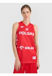 4f - 4F Koszulka reprezentacyjna z możliwością personalizacji damska 4F x PZKOSZ - czerwona XL. Typ kołnierza: dekolt w serek. Kolor: czerwony. Materiał: syntetyk, włókno, materiał. Wzór: nadruk, napisy. Styl: klasyczny, sportowy