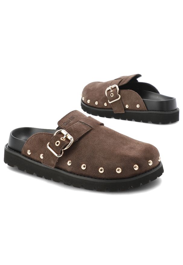 Big-Star - Klapki damskie Big Star, cholewka ze skóry naturalnej zamszowej z regulowanym paskiem na antypoślizgowej podeszwie, brązowe, TT274952. Okazja: na co dzień, na spacer. Kolor: brązowy. Materiał: skóra, zamsz. Sezon: lato. Styl: casual, klasyczny, elegancki