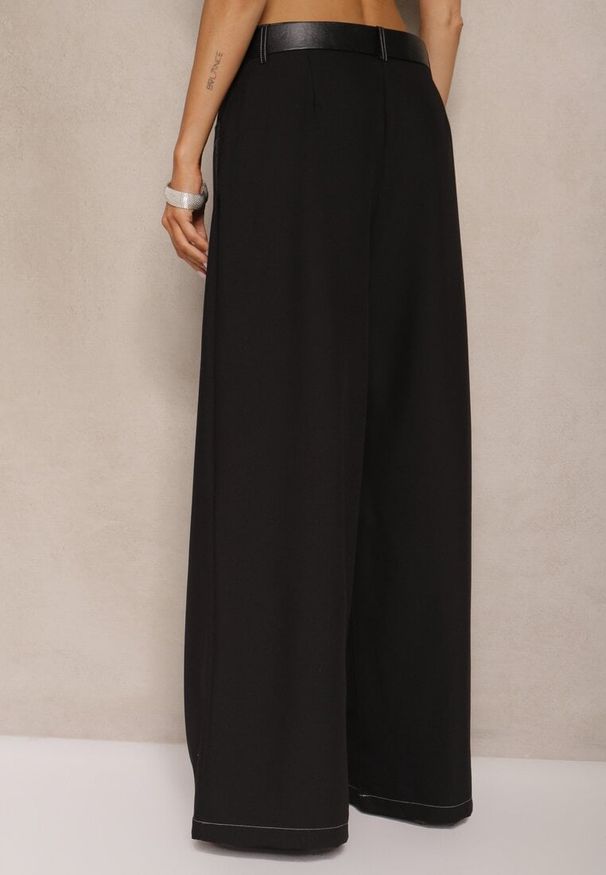 Renee - Czarne Szerokie Spodnie High Waist z Wiskozą z Ozdobnymi Przeszyciami Linadia. Okazja: na co dzień. Stan: podwyższony. Kolor: czarny. Materiał: wiskoza. Wzór: aplikacja. Styl: elegancki, casual