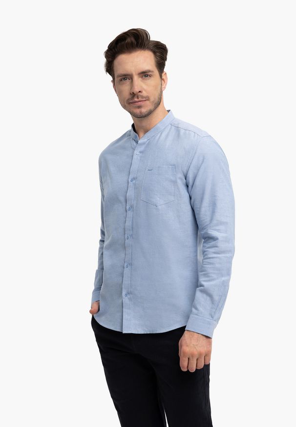 Volcano - Koszula ze stójką, Slim Fit, K-LANGE. Typ kołnierza: kołnierzyk stójkowy. Kolor: niebieski. Materiał: włókno, materiał, bawełna. Wzór: gładki. Styl: klasyczny