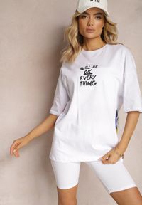 Renee - Biały Oversizowy T-shirt z Elastycznej Bawełny z Nadrukiem Larkia. Okazja: na co dzień. Kolor: biały. Materiał: bawełna. Wzór: nadruk. Styl: rockowy, casual #2