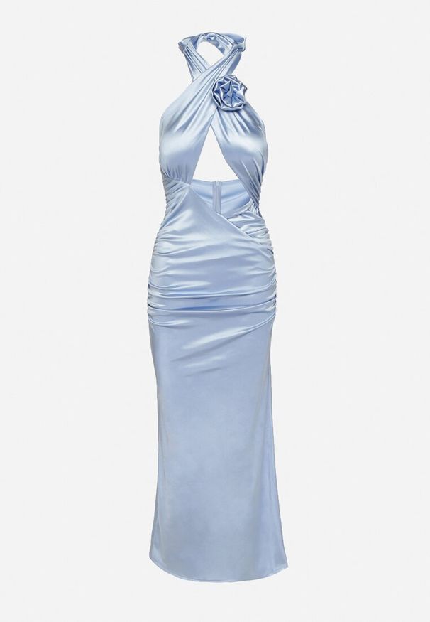 Born2be - Jasnoniebieska Satynowa Sukienka Wiązana na Szyi z Wycięciem pod Biustem i Różyczką Roneza. Kolor: niebieski. Materiał: satyna. Styl: elegancki