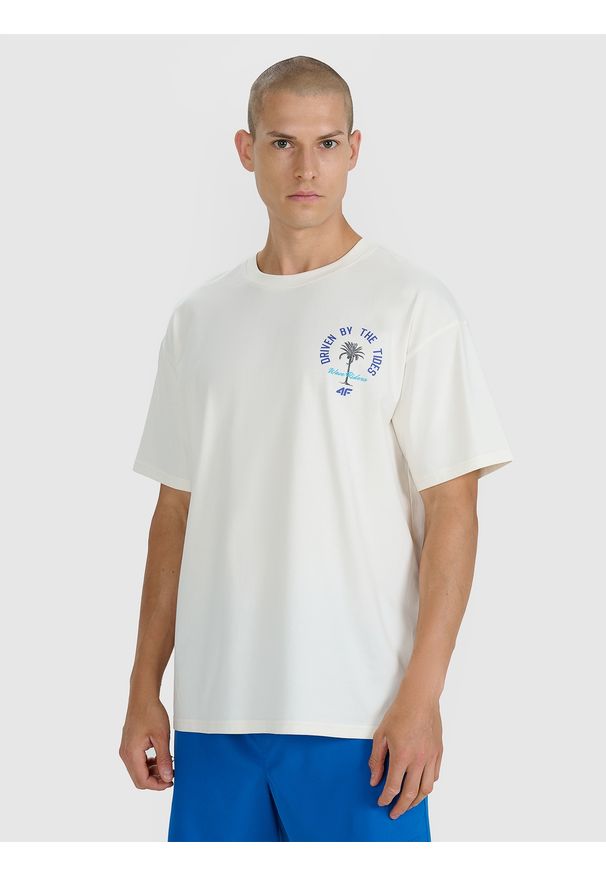 4f - 4F T-shirt oversize z nadrukiem męski - beżowy M. Okazja: na co dzień. Kolor: beżowy. Materiał: jersey, materiał, bawełna. Wzór: nadruk. Styl: sportowy, klasyczny, casual