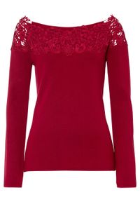 Sweter w prążek z koronką bonprix ciemnoczerwony. Kolor: czerwony. Materiał: koronka. Wzór: prążki, koronka. Styl: elegancki #1