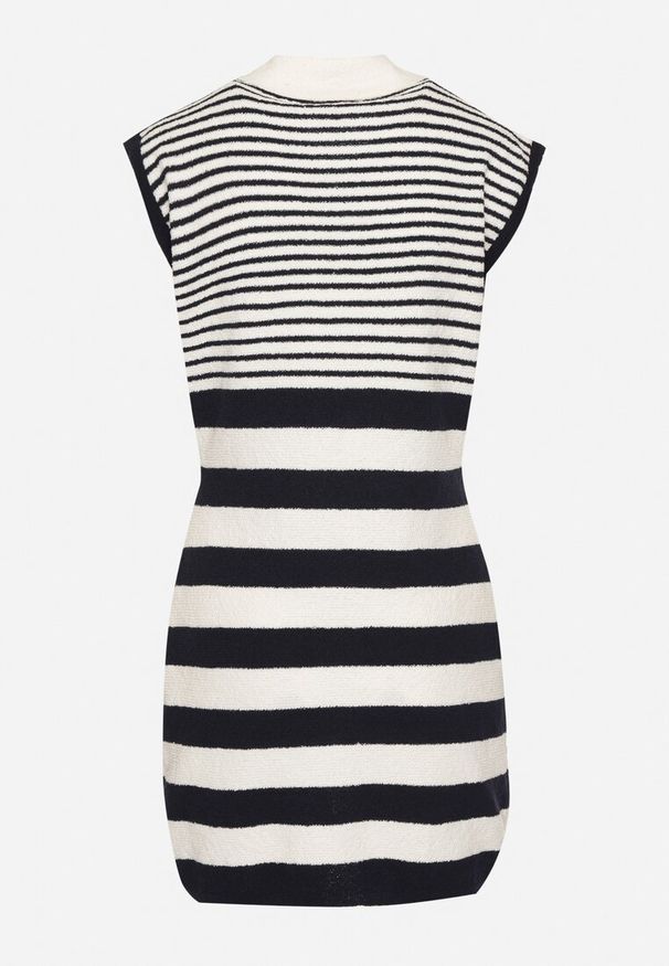 Born2be - Granatowa Dopasowana Sukienka z Dzianiny w Paski z Kołnierzykiem i Guzikami Meprelle. Okazja: na co dzień. Typ kołnierza: kołnierzyk klasyczny. Kolor: niebieski. Materiał: dzianina. Wzór: paski. Styl: klasyczny, casual, elegancki