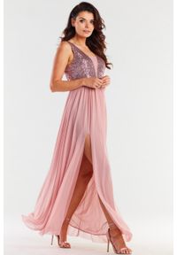 Awama - Długa sukienka na wesele z rozcięciem zwiewna różowa z cekinami. Okazja: na wesele, na ślub cywilny. Kolor: różowy. Styl: wizytowy. Długość: maxi #4