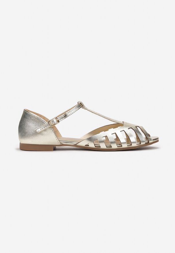 Renee - Złote Sandały w Stylu Peep Toe Kephope. Nosek buta: otwarty. Zapięcie: sprzączka. Kolor: złoty. Wzór: aplikacja. Obcas: na obcasie, na płaskiej podeszwie. Styl: elegancki. Wysokość obcasa: średni