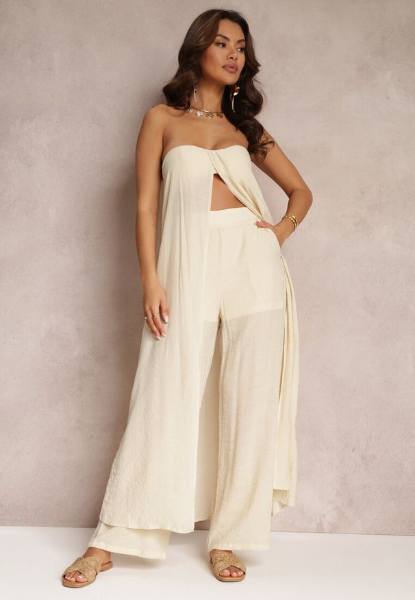 Renee - Beżowy 2-częściowy Komplet Długi Top i Spodnie z Gumką w Pasie i Szerokimi Nogawkami Bincina. Kolor: beżowy