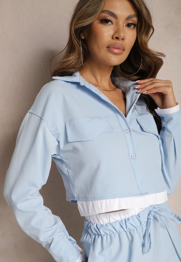 Renee - Niebieski Komplet Utility z Krótką Koszulą i Szerokimi Spodniami z Gumką w Talii Ondina. Kolor: niebieski