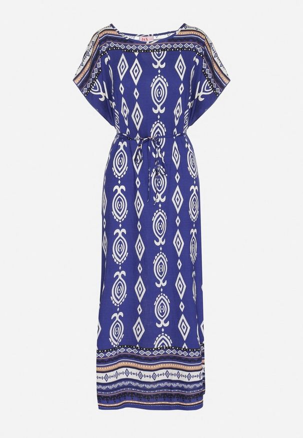 Born2be - Niebieska Pudełkowa Sukienka z Wiskozy w Etniczny Wzór Mirosela. Okazja: na co dzień. Kolor: niebieski. Materiał: wiskoza. Długość rękawa: krótki rękaw. Styl: klasyczny, casual, elegancki