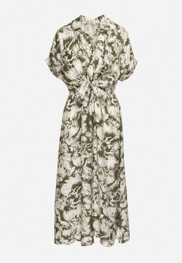 Born2be - Zielono-Beżowa Taliowana Sukienka z Gumką w Pasie Zapinana na Guziki Nasica. Okazja: na co dzień. Kolor: zielony. Materiał: wiskoza, jeans, materiał. Długość rękawa: krótki rękaw. Typ sukienki: proste. Styl: casual, elegancki, klasyczny