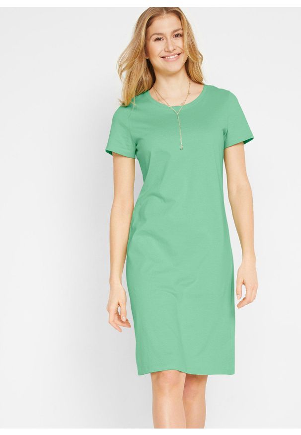 bonprix - Sukienka dżersejowa z czystej bawełny (2 szt.). Okazja: na co dzień. Kolor: zielony. Materiał: jersey, bawełna. Długość rękawa: krótki rękaw. Typ sukienki: proste. Styl: casual