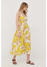TwinSet - Twinset sukienka bawełniana kolor żółty midi rozkloszowana. Kolor: żółty. Materiał: bawełna. Długość rękawa: na ramiączkach. Długość: midi