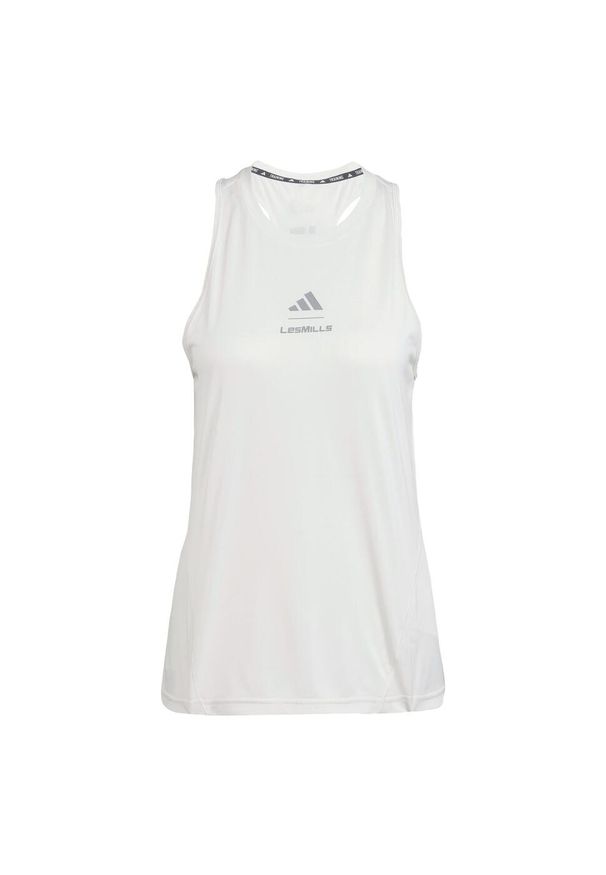 Adidas - Damski tank top adidas Les Mills Graphic. Kolor: biały. Wzór: aplikacja. Sport: fitness