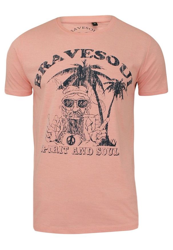 Męska, Różowa Koszulka (T-shirt) - Brave Soul - Hipis pod Palmą. Okazja: na co dzień. Kolor: różowy. Materiał: bawełna. Wzór: nadruk. Styl: casual
