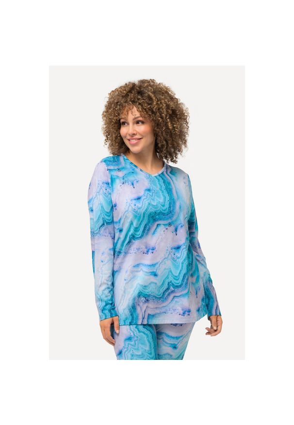 ULLA POPKEN - Damskie Koszulka narciarska wzór marmurkowy pętelka dekolt w serek długi rękaw. Typ kołnierza: dekolt w serek. Kolekcja: plus size. Kolor: niebieski. Materiał: materiał, poliester, elastan. Długość rękawa: długi rękaw. Długość: długie. Sport: narciarstwo